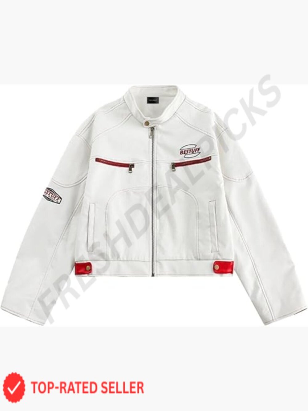 Cropped Moto Biker Jacket PU Leather Short Racing Coat Zip Pockets Stand Collar
